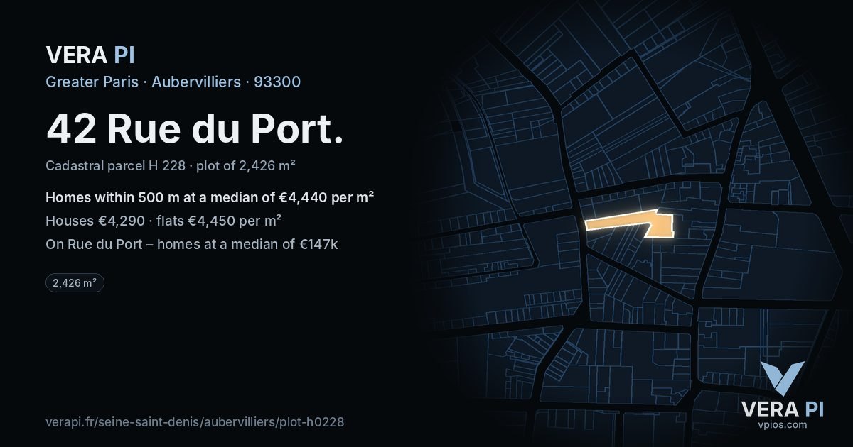 42 Rue du Port, Aubervilliers at night – the plot lit, the parcels around coloured by the prices near them