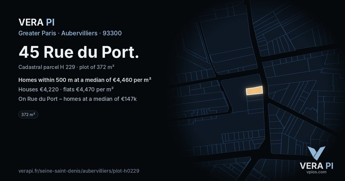 45 Rue du Port, Aubervilliers at night – the plot lit, the parcels around coloured by the prices near them