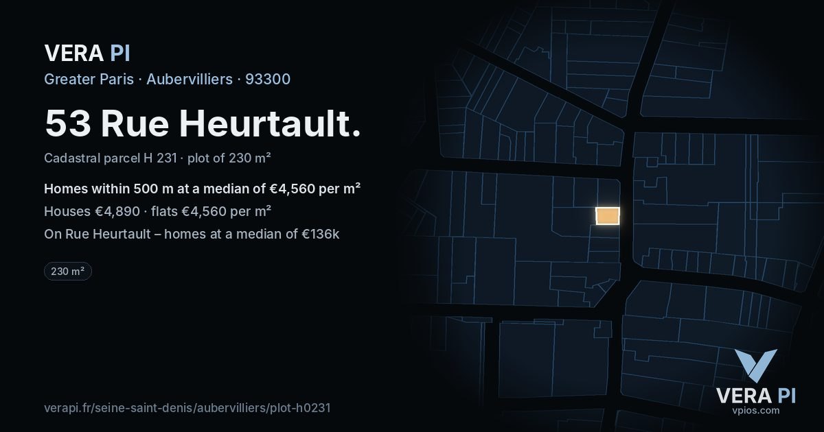 53 Rue Heurtault, Aubervilliers at night – the plot lit, the parcels around coloured by the prices near them