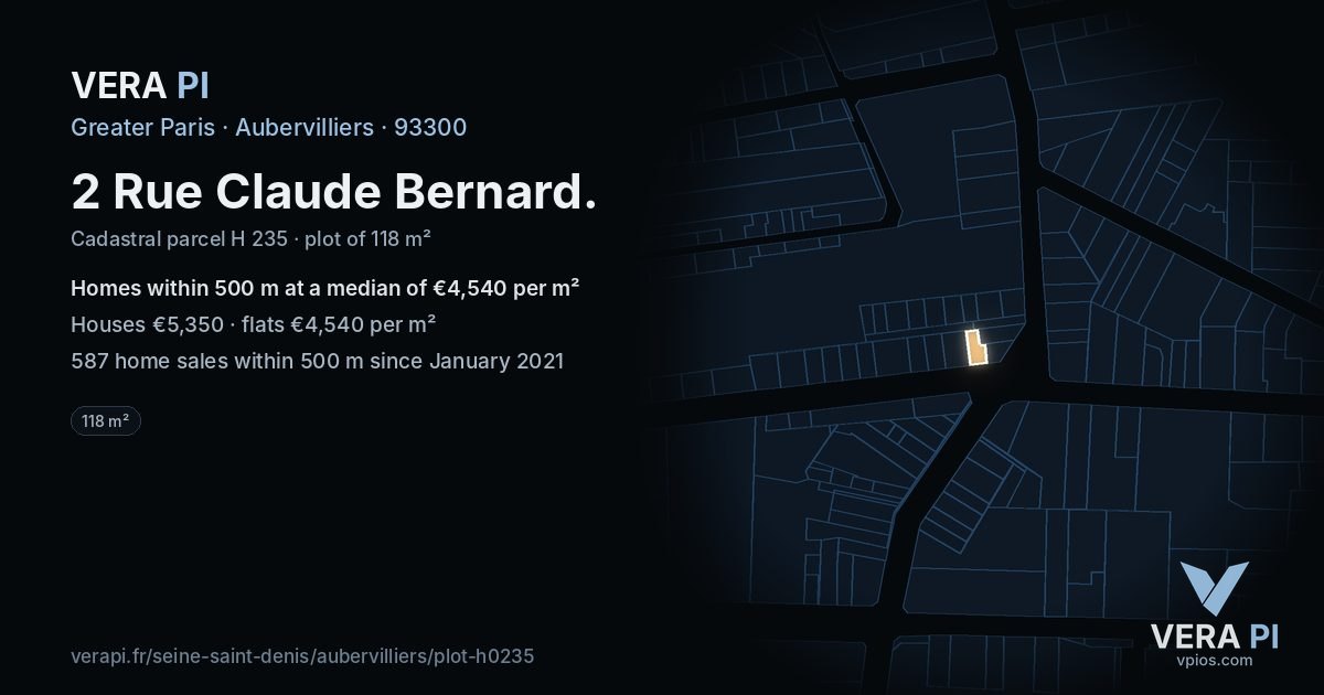 2 Rue Claude Bernard, Aubervilliers at night – the plot lit, the parcels around coloured by the prices near them