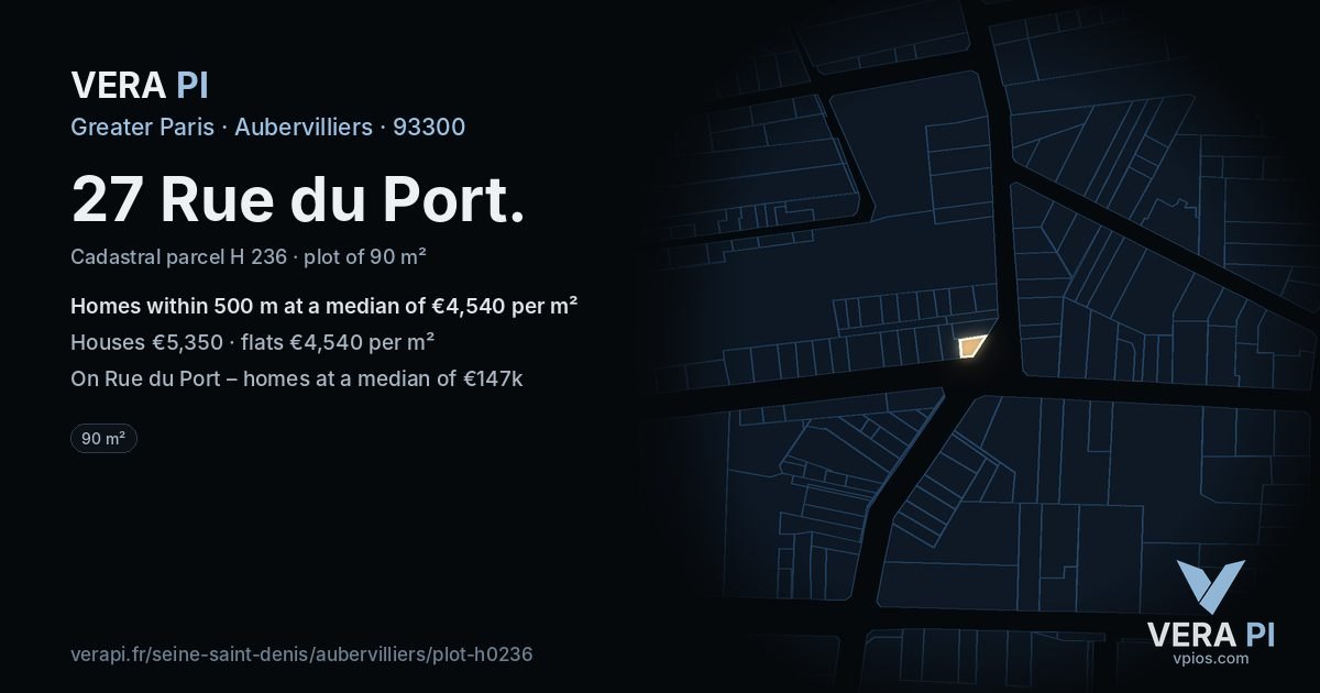 27 Rue du Port, Aubervilliers at night – the plot lit, the parcels around coloured by the prices near them
