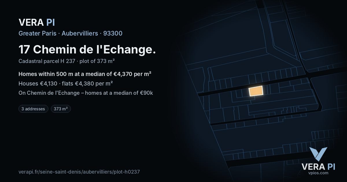 17 Chemin de l'Echange, Aubervilliers at night – the plot lit, the parcels around coloured by the prices near them