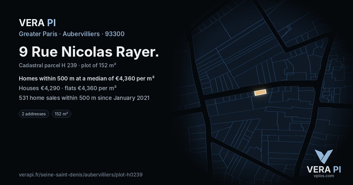 9 Rue Nicolas Rayer, Aubervilliers at night – the plot lit, the parcels around coloured by the prices near them