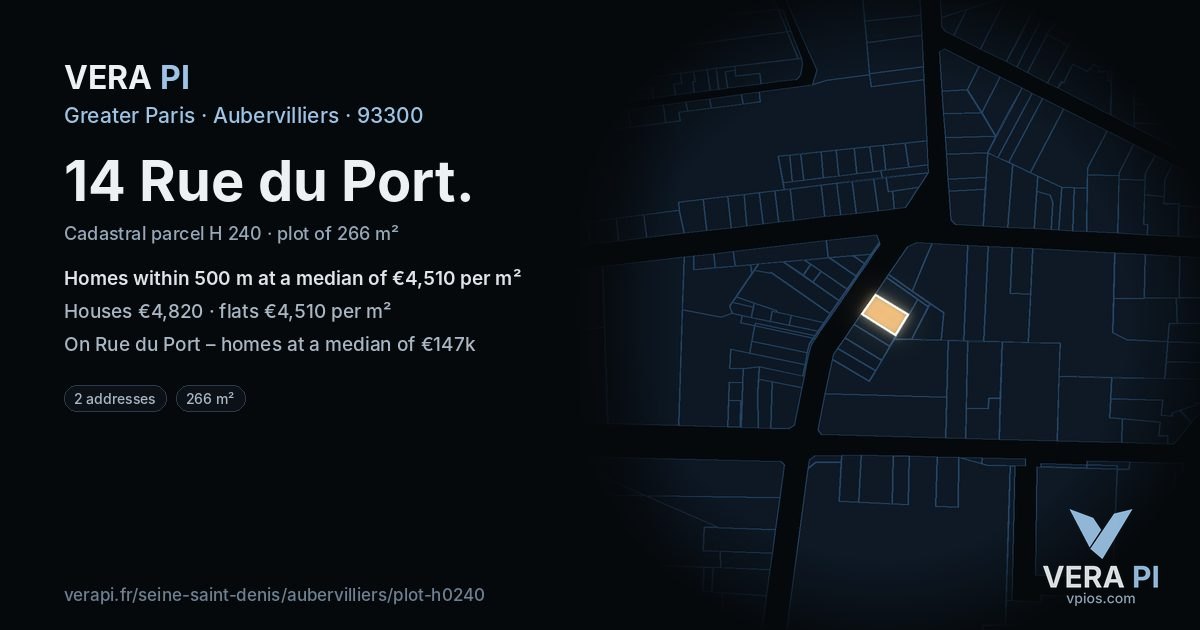 14 Rue du Port, Aubervilliers at night – the plot lit, the parcels around coloured by the prices near them