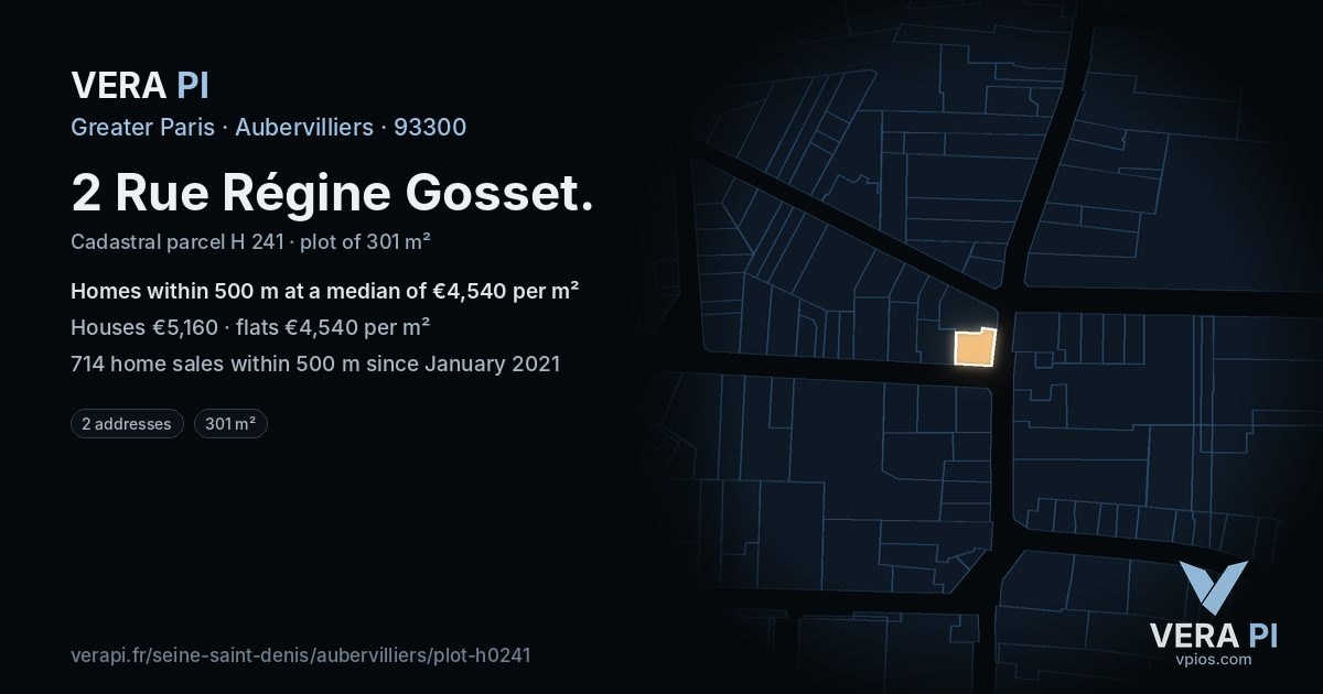 2 Rue Régine Gosset, Aubervilliers at night – the plot lit, the parcels around coloured by the prices near them