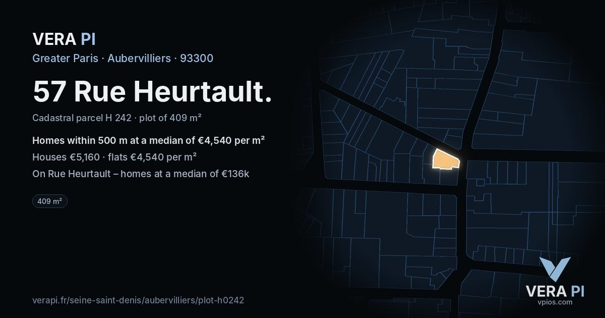 57 Rue Heurtault, Aubervilliers at night – the plot lit, the parcels around coloured by the prices near them