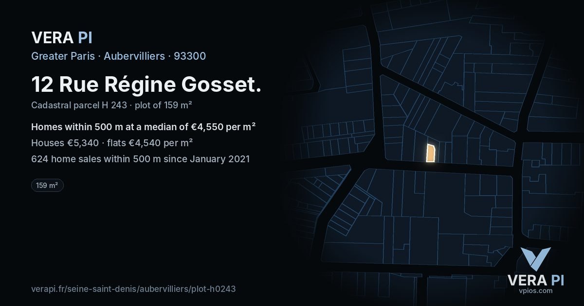 12 Rue Régine Gosset, Aubervilliers at night – the plot lit, the parcels around coloured by the prices near them