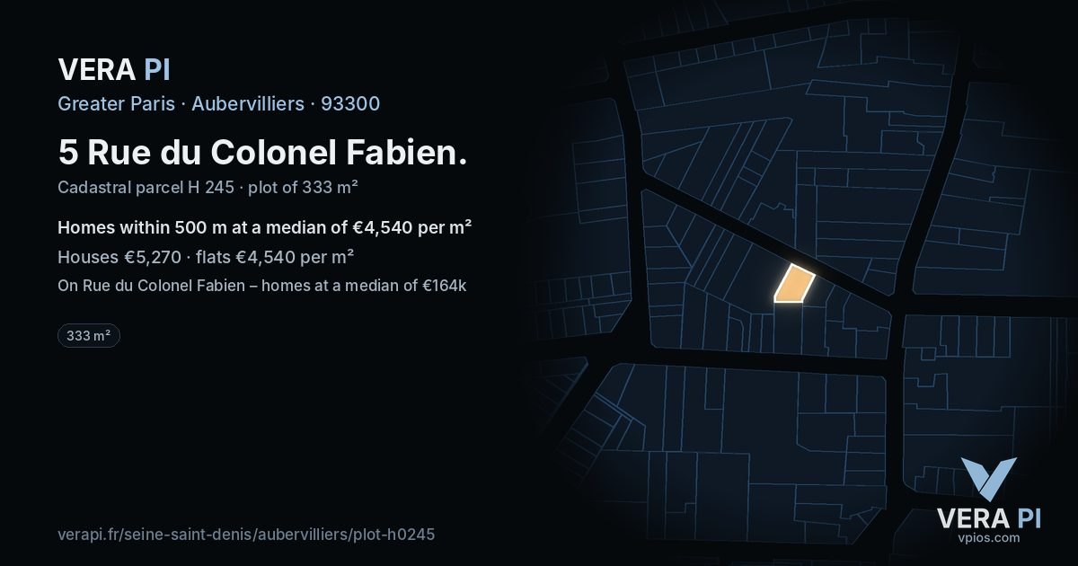 5 Rue du Colonel Fabien, Aubervilliers at night – the plot lit, the parcels around coloured by the prices near them