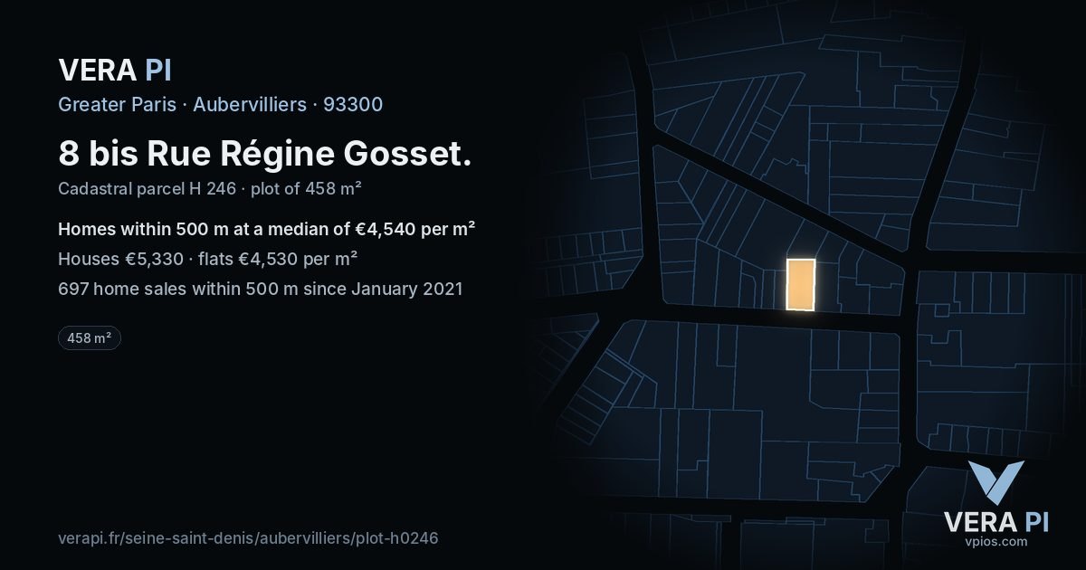 8 bis Rue Régine Gosset, Aubervilliers at night – the plot lit, the parcels around coloured by the prices near them