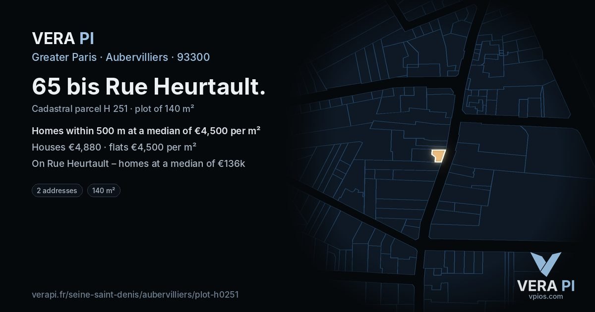 65 bis Rue Heurtault, Aubervilliers at night – the plot lit, the parcels around coloured by the prices near them