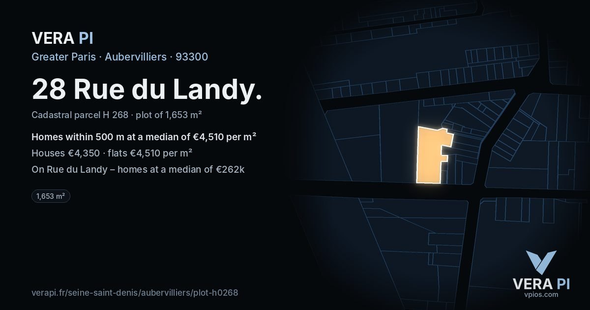 28 Rue du Landy, Aubervilliers at night – the plot lit, the parcels around coloured by the prices near them