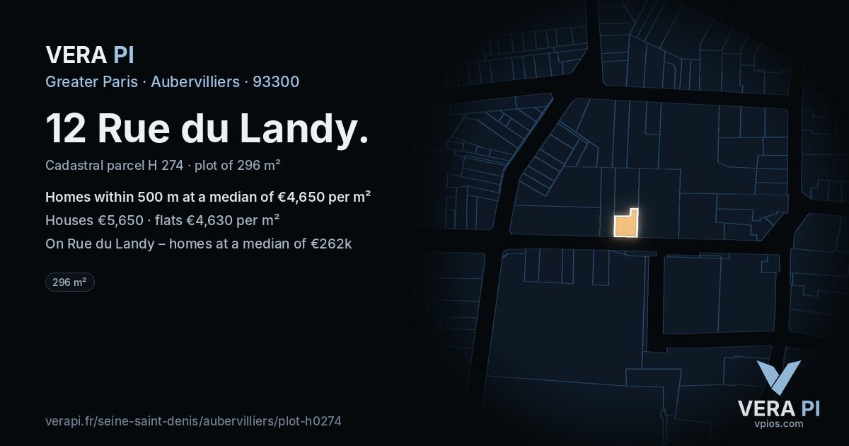 12 Rue du Landy, Aubervilliers at night – the plot lit, the parcels around coloured by the prices near them