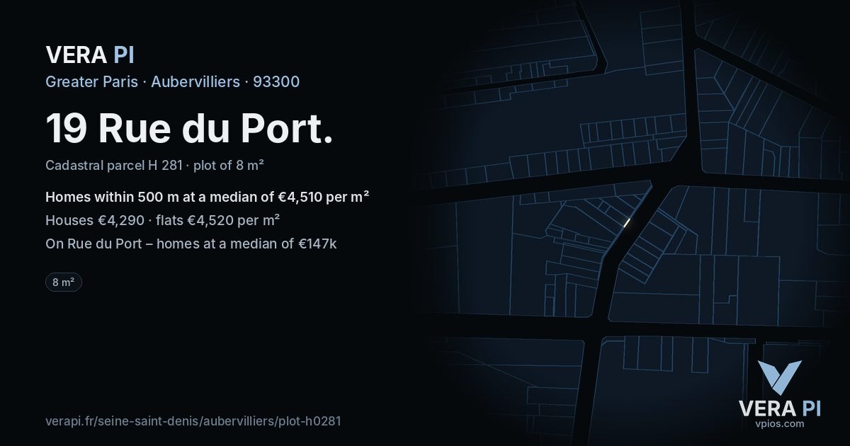 19 Rue du Port, Aubervilliers at night – the plot lit, the parcels around coloured by the prices near them
