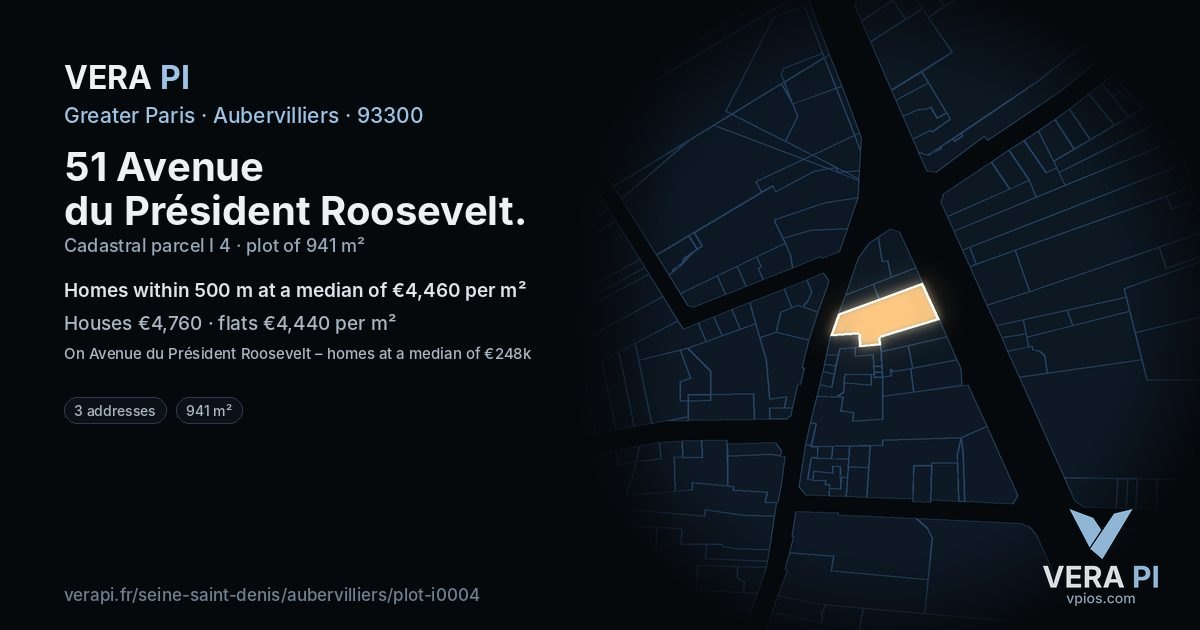 51 Avenue du Président Roosevelt, Aubervilliers at night – the plot lit, the parcels around coloured by the prices near them