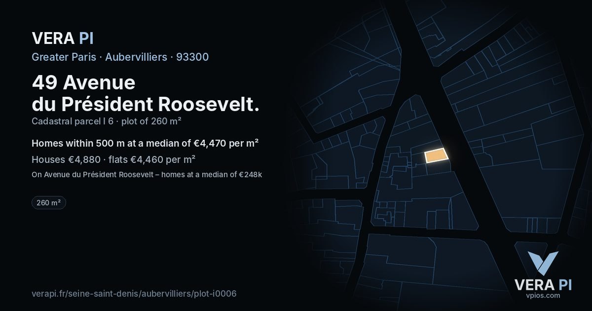 49 Avenue du Président Roosevelt, Aubervilliers at night – the plot lit, the parcels around coloured by the prices near them