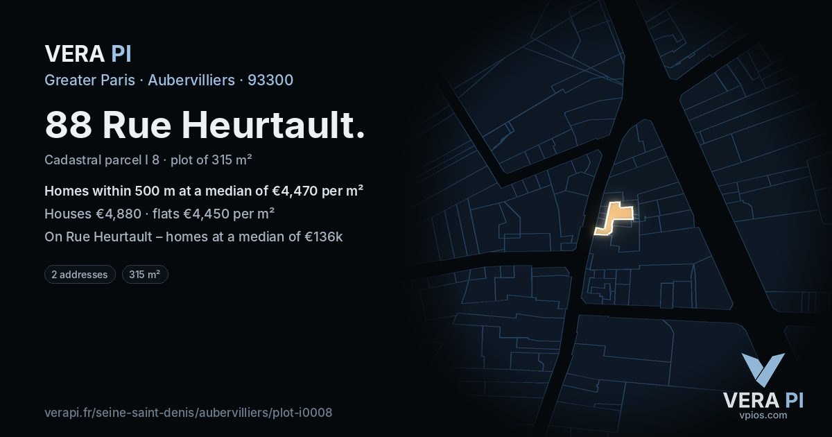 88 Rue Heurtault, Aubervilliers at night – the plot lit, the parcels around coloured by the prices near them