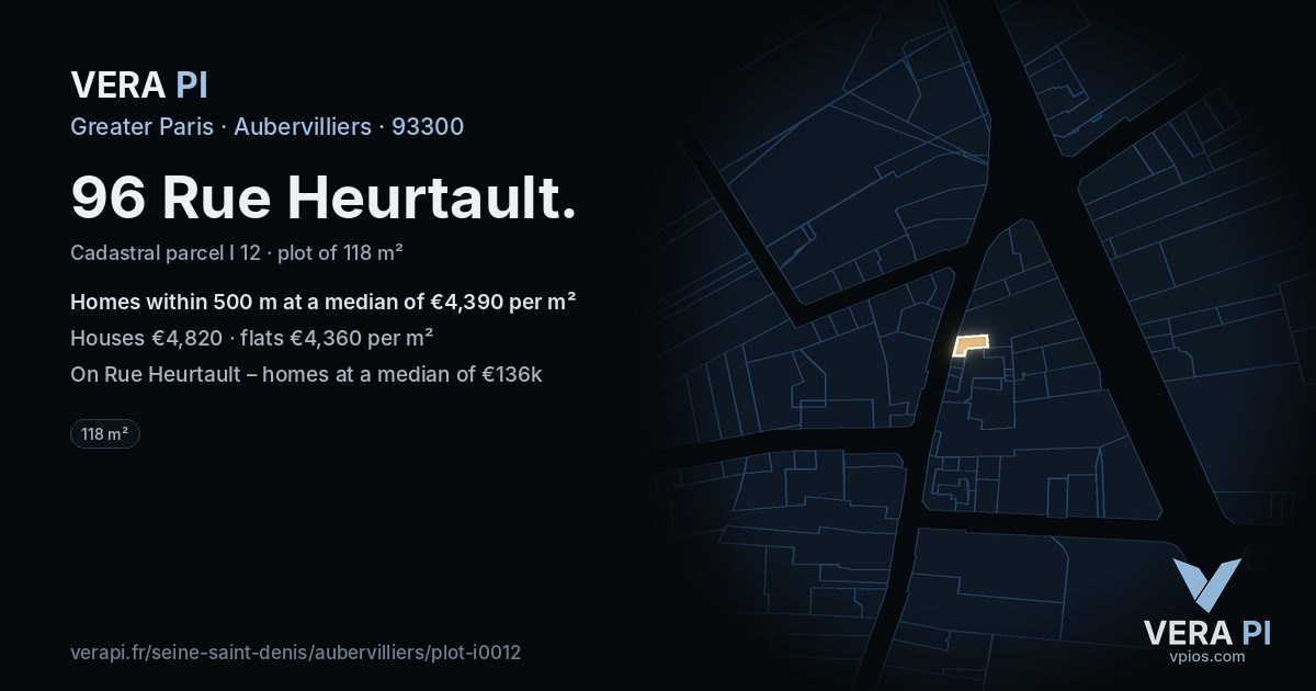 96 Rue Heurtault, Aubervilliers at night – the plot lit, the parcels around coloured by the prices near them