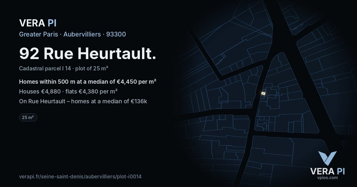 92 Rue Heurtault, Aubervilliers at night – the plot lit, the parcels around coloured by the prices near them