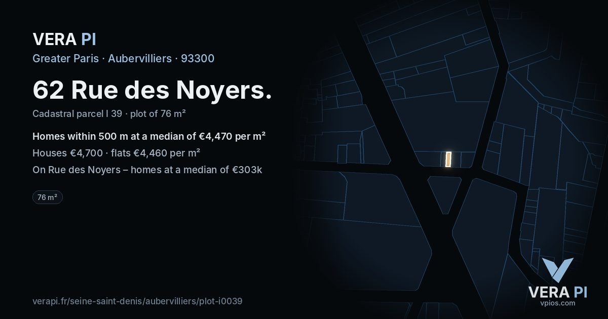 62 Rue des Noyers, Aubervilliers at night – the plot lit, the parcels around coloured by the prices near them