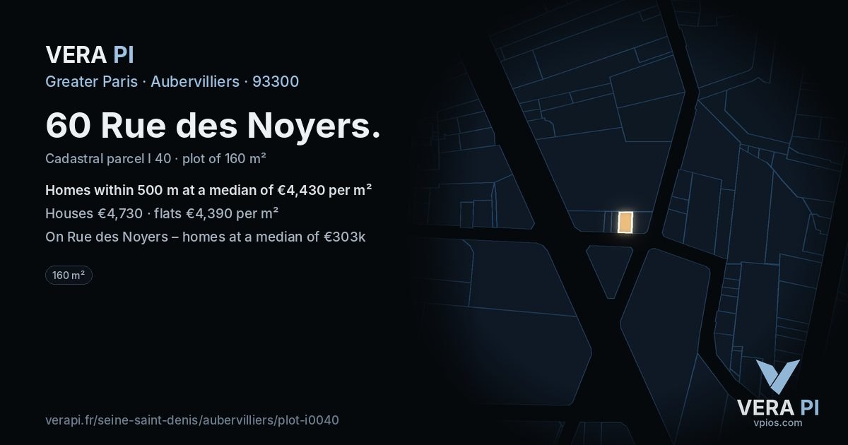 60 Rue des Noyers, Aubervilliers at night – the plot lit, the parcels around coloured by the prices near them