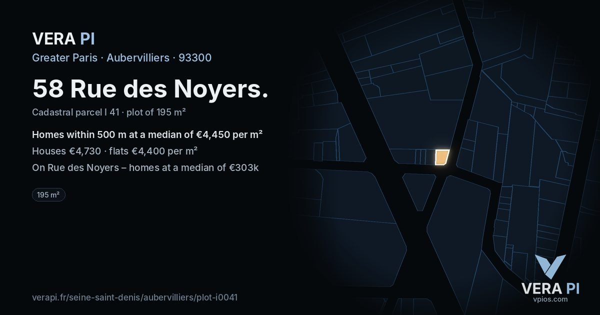58 Rue des Noyers, Aubervilliers at night – the plot lit, the parcels around coloured by the prices near them