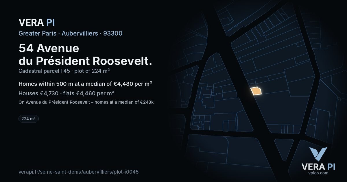 54 Avenue du Président Roosevelt, Aubervilliers at night – the plot lit, the parcels around coloured by the prices near them