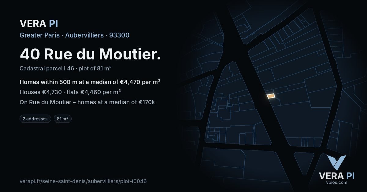 40 Rue du Moutier, Aubervilliers at night – the plot lit, the parcels around coloured by the prices near them