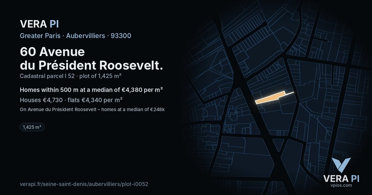 60 Avenue du Président Roosevelt, Aubervilliers at night – the plot lit, the parcels around coloured by the prices near them