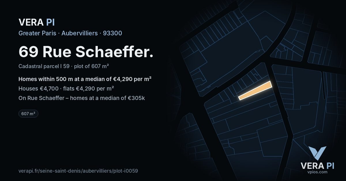 69 Rue Schaeffer, Aubervilliers at night – the plot lit, the parcels around coloured by the prices near them