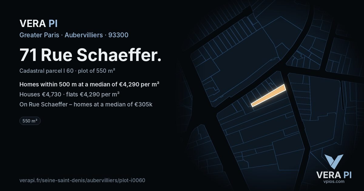 71 Rue Schaeffer, Aubervilliers at night – the plot lit, the parcels around coloured by the prices near them
