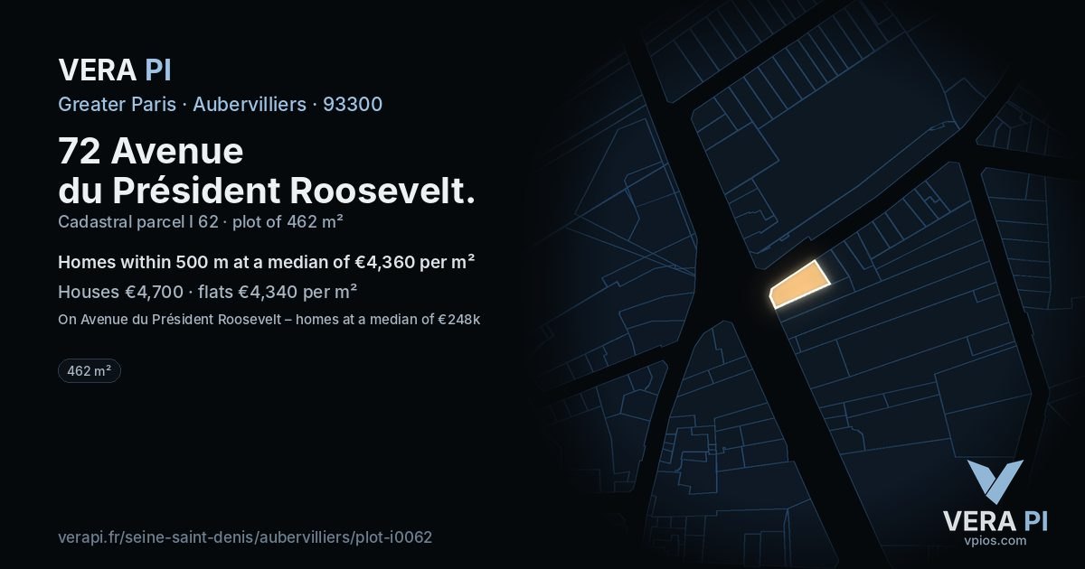 72 Avenue du Président Roosevelt, Aubervilliers at night – the plot lit, the parcels around coloured by the prices near them