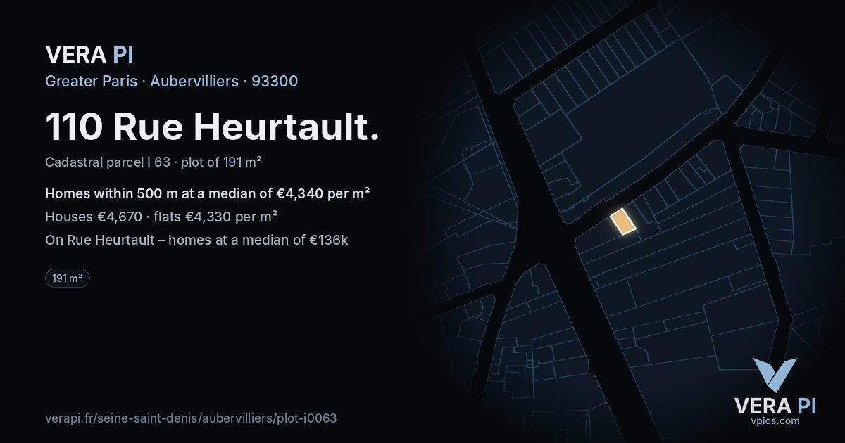 110 Rue Heurtault, Aubervilliers at night – the plot lit, the parcels around coloured by the prices near them