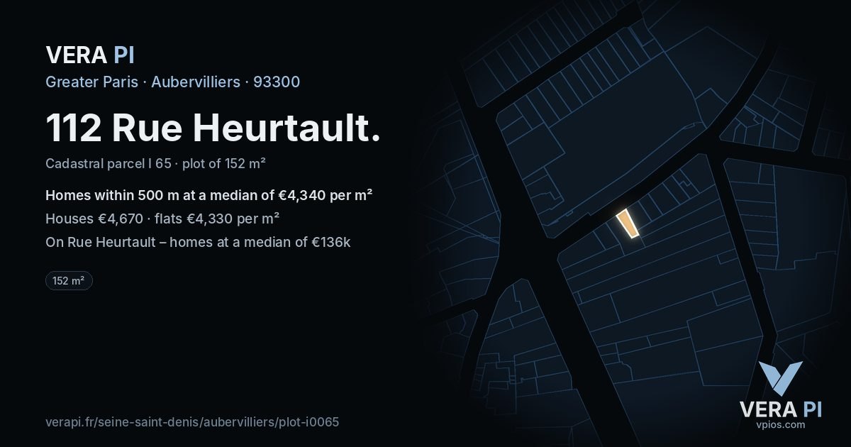112 Rue Heurtault, Aubervilliers at night – the plot lit, the parcels around coloured by the prices near them