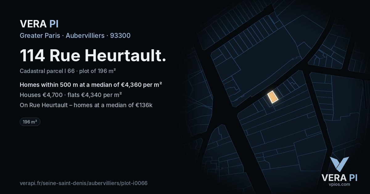 114 Rue Heurtault, Aubervilliers at night – the plot lit, the parcels around coloured by the prices near them
