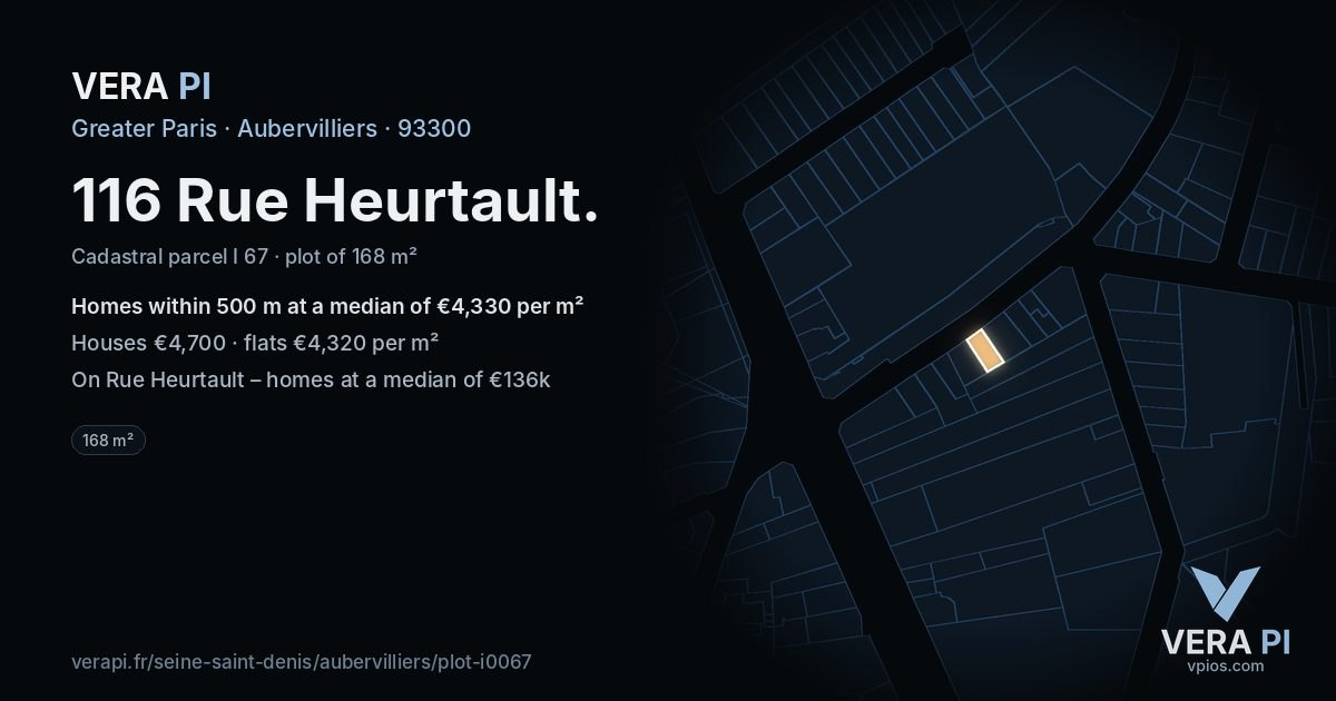 116 Rue Heurtault, Aubervilliers at night – the plot lit, the parcels around coloured by the prices near them