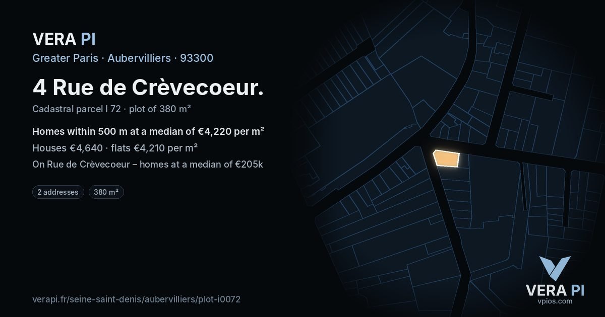 4 Rue de Crèvecoeur, Aubervilliers at night – the plot lit, the parcels around coloured by the prices near them