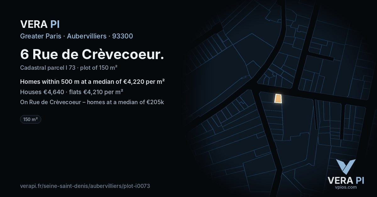 6 Rue de Crèvecoeur, Aubervilliers at night – the plot lit, the parcels around coloured by the prices near them