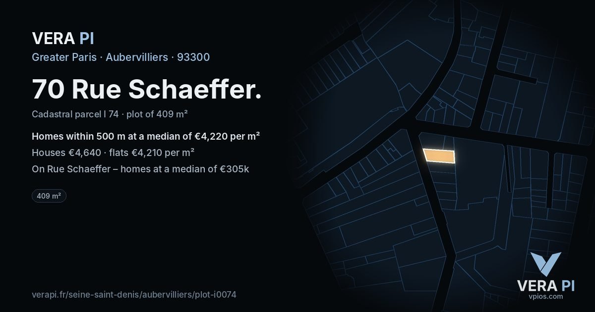 70 Rue Schaeffer, Aubervilliers at night – the plot lit, the parcels around coloured by the prices near them