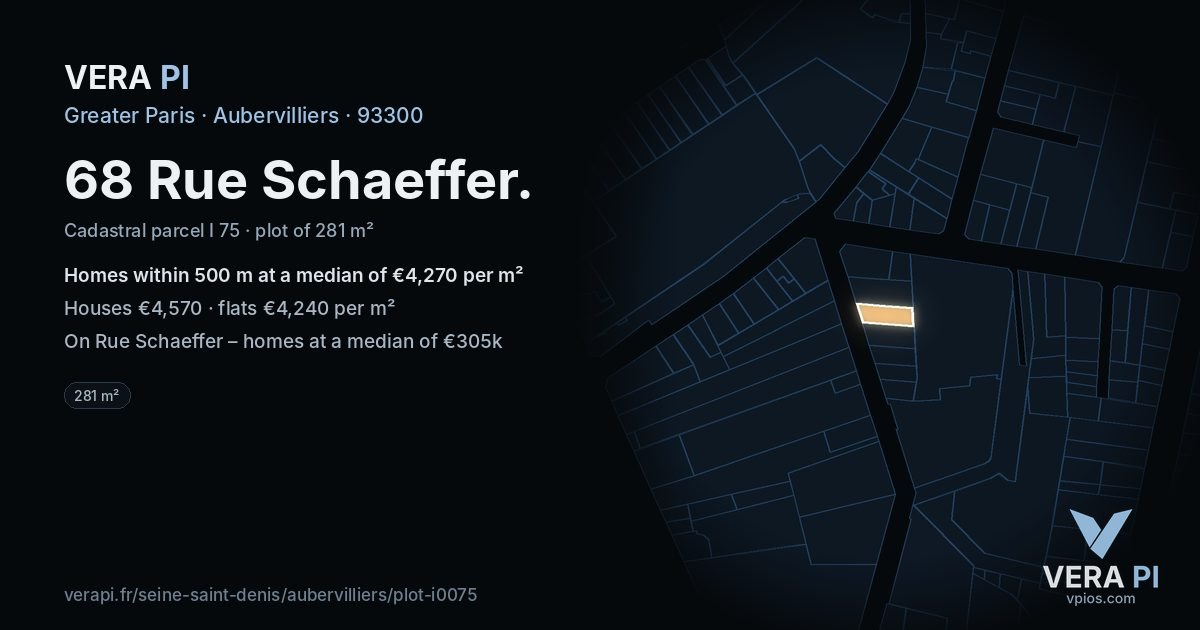 68 Rue Schaeffer, Aubervilliers at night – the plot lit, the parcels around coloured by the prices near them