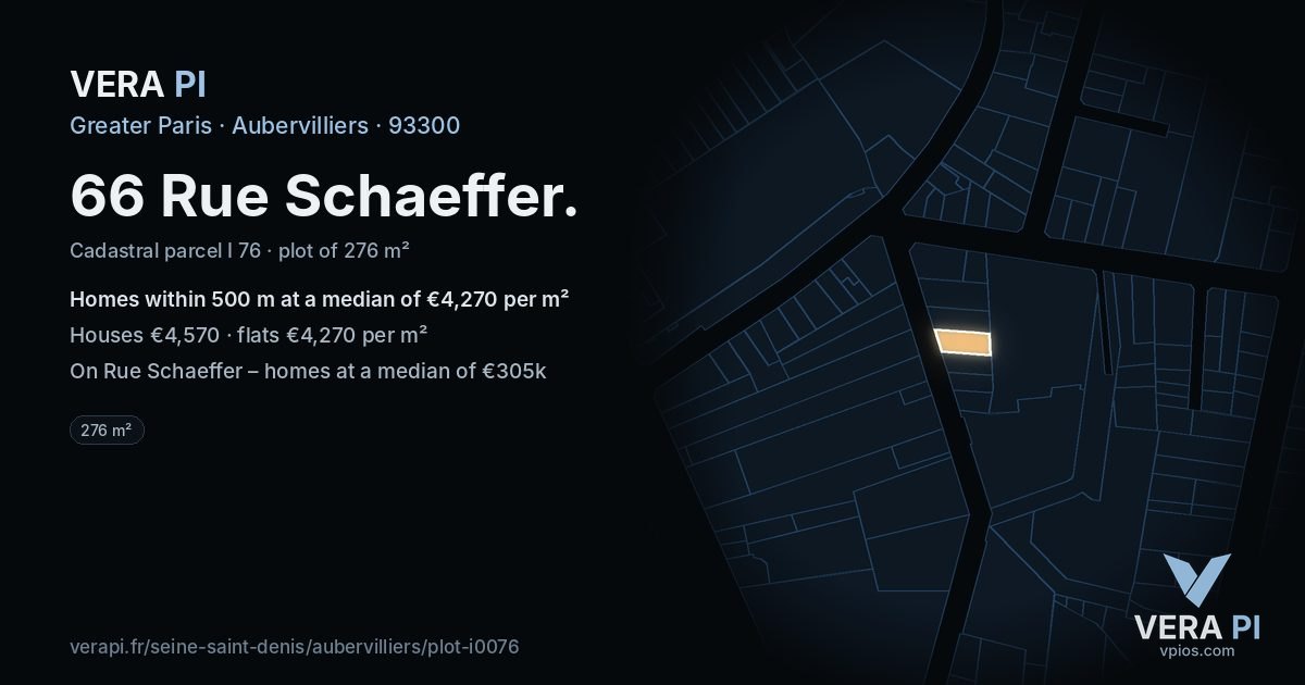 66 Rue Schaeffer, Aubervilliers at night – the plot lit, the parcels around coloured by the prices near them