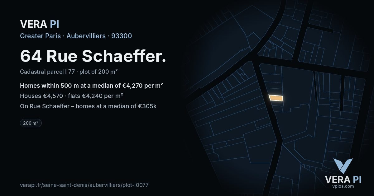 64 Rue Schaeffer, Aubervilliers at night – the plot lit, the parcels around coloured by the prices near them