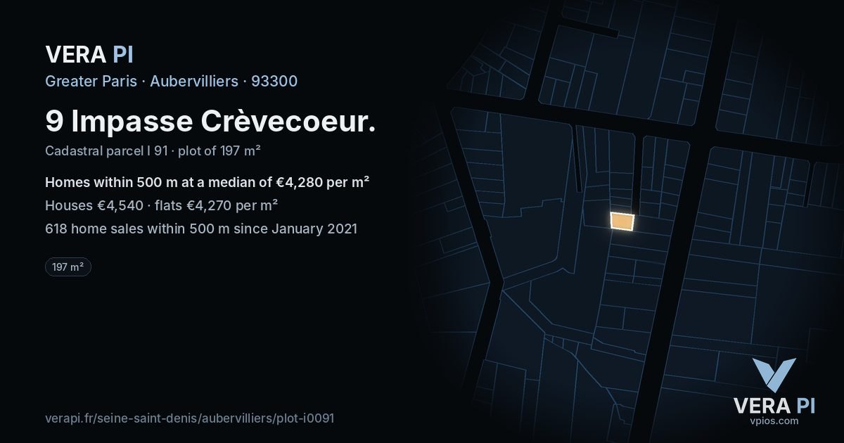 9 Impasse Crèvecoeur, Aubervilliers at night – the plot lit, the parcels around coloured by the prices near them
