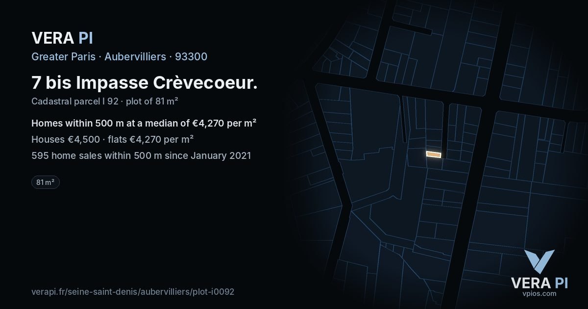 7 bis Impasse Crèvecoeur, Aubervilliers at night – the plot lit, the parcels around coloured by the prices near them