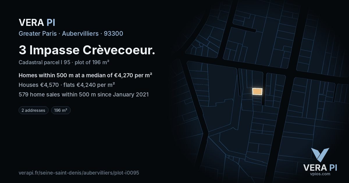 3 Impasse Crèvecoeur, Aubervilliers at night – the plot lit, the parcels around coloured by the prices near them
