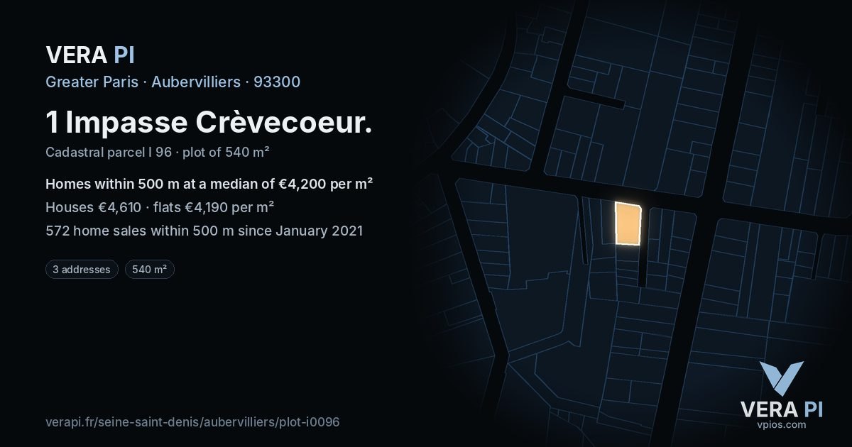1 Impasse Crèvecoeur, Aubervilliers at night – the plot lit, the parcels around coloured by the prices near them