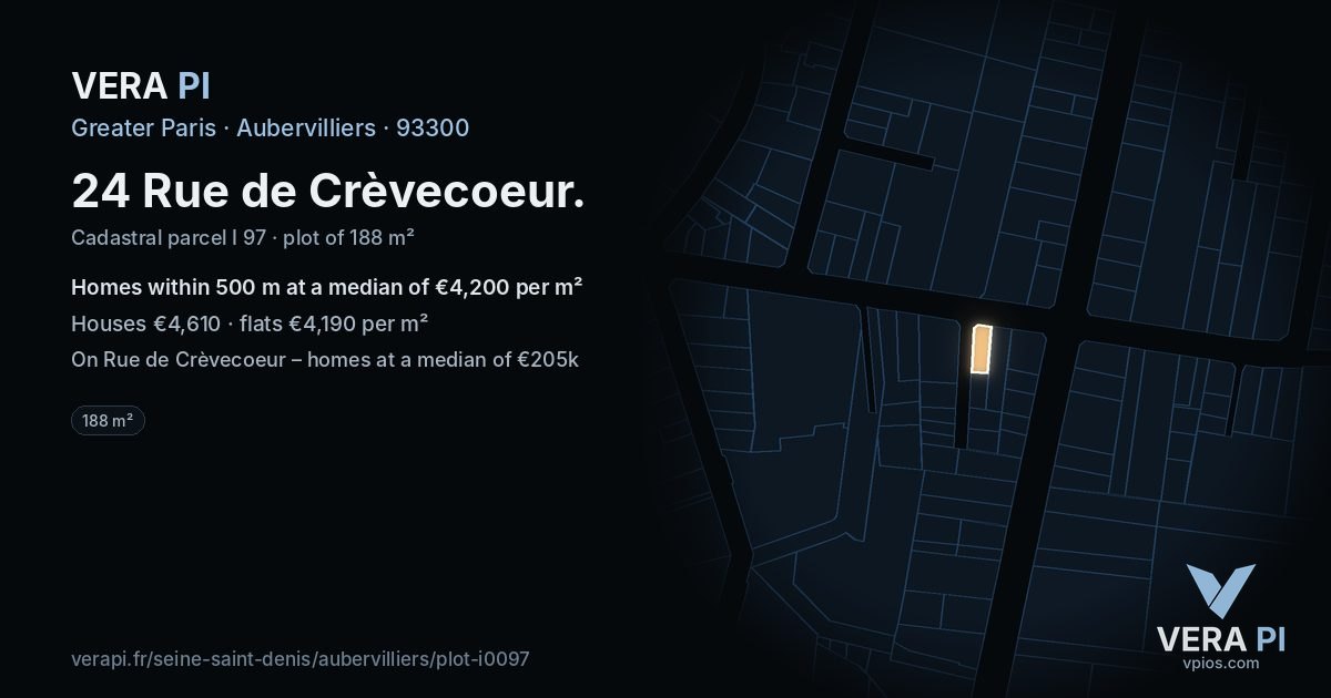 24 Rue de Crèvecoeur, Aubervilliers at night – the plot lit, the parcels around coloured by the prices near them