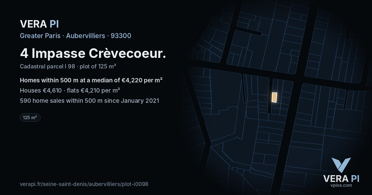 4 Impasse Crèvecoeur, Aubervilliers at night – the plot lit, the parcels around coloured by the prices near them