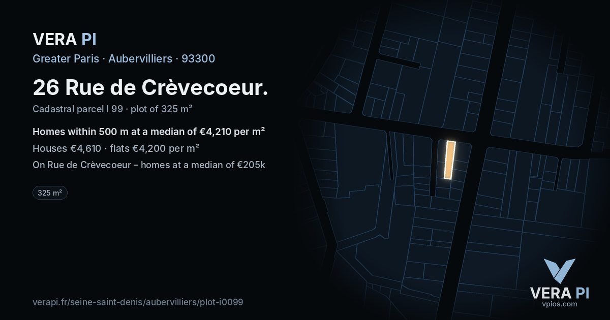 26 Rue de Crèvecoeur, Aubervilliers at night – the plot lit, the parcels around coloured by the prices near them