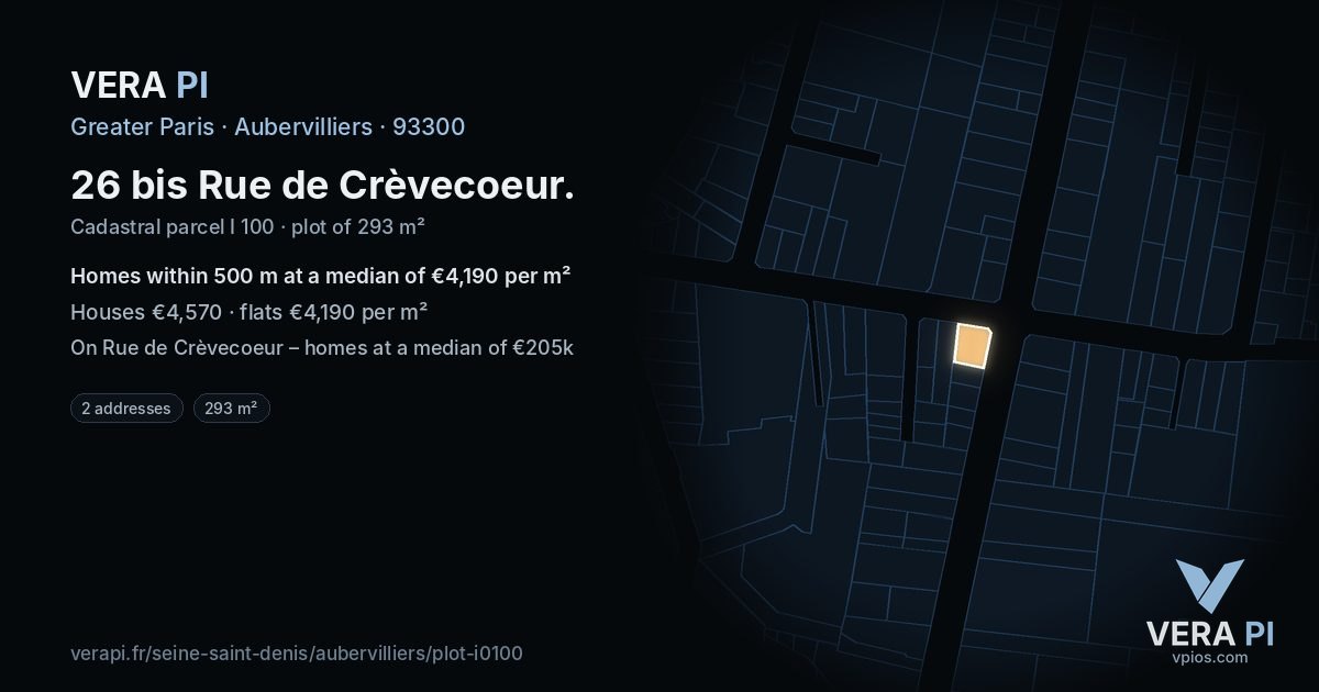 26 bis Rue de Crèvecoeur, Aubervilliers at night – the plot lit, the parcels around coloured by the prices near them