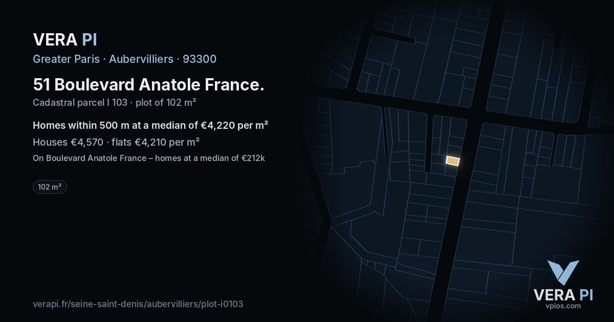 51 Boulevard Anatole France, Aubervilliers at night – the plot lit, the parcels around coloured by the prices near them